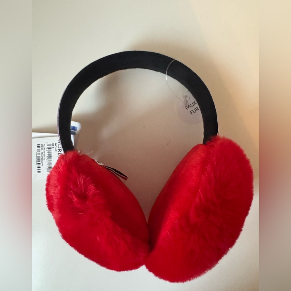 Nordstrom Women’s Faux Fur Red with Rainbow Headband Plush Earmuffs One Size